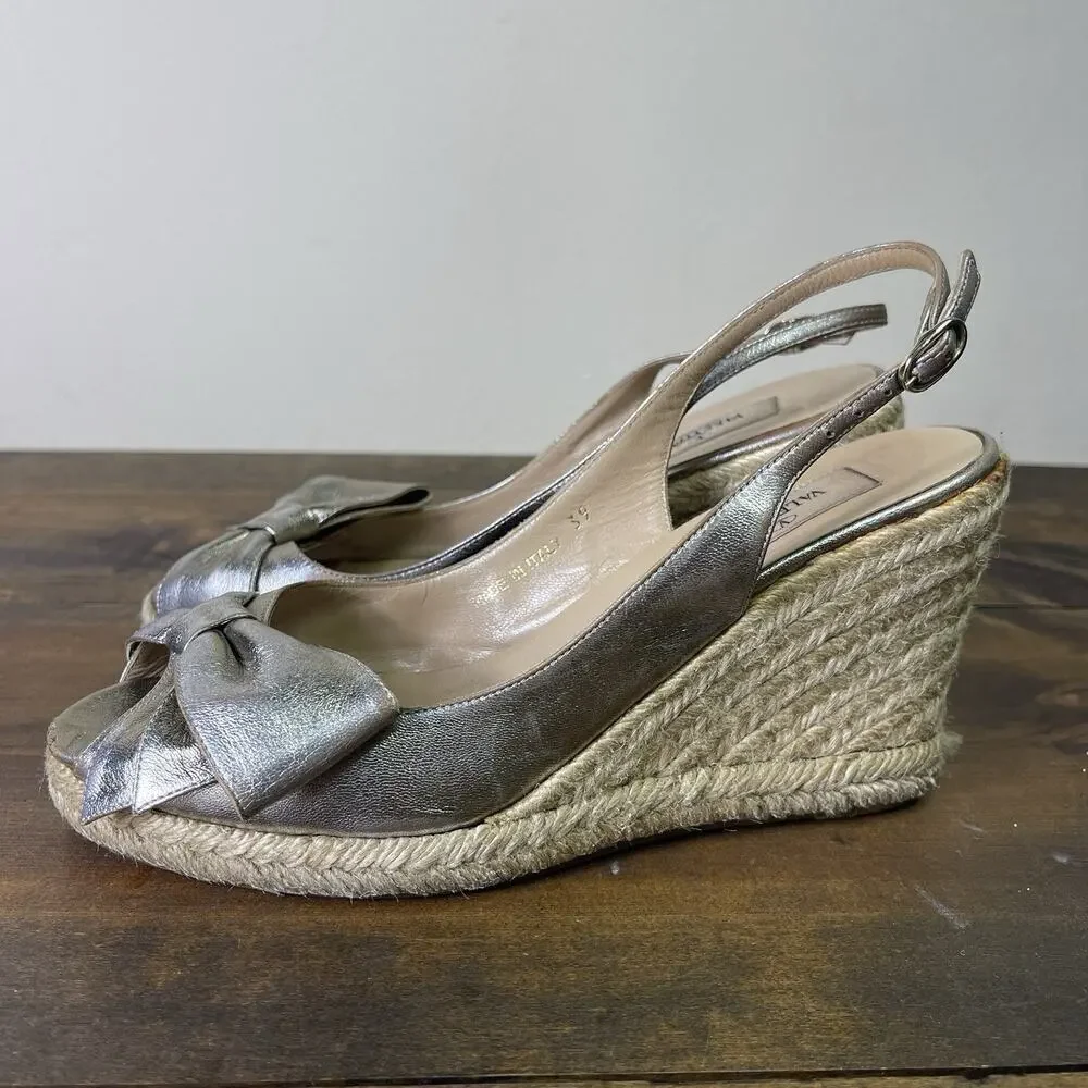 Valentino Metallic Silver Pewter Leather Bow Wedge Espadrille Sandals EU 39 8.5